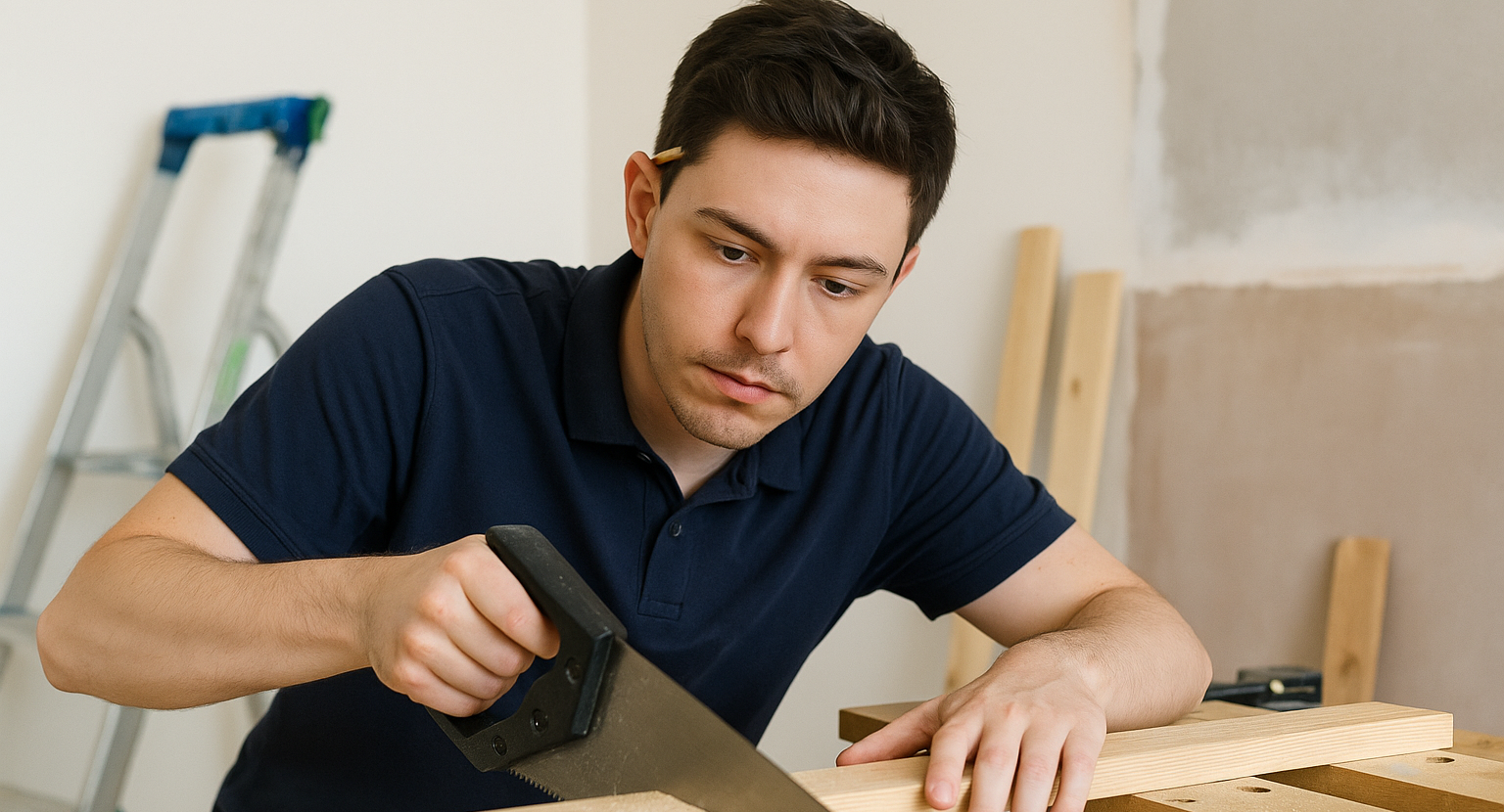 carpenter sawing a carpenter using a saw on wood