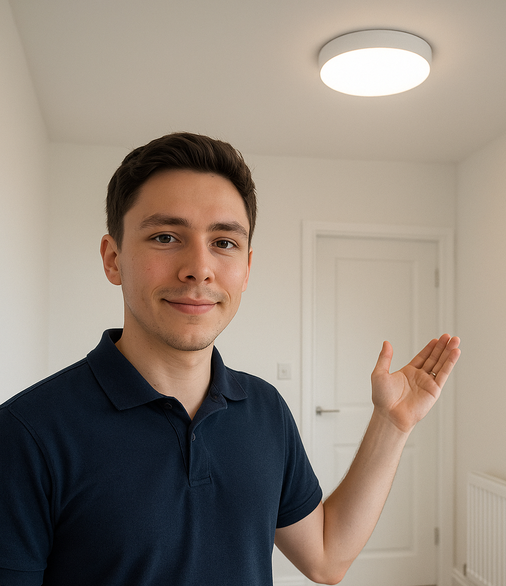 a man with his hand up proudly showing his work in a modern room