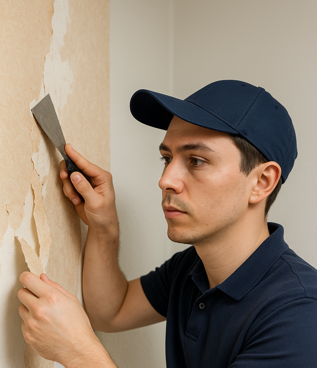 a man scraping a wall getting it ready to be painted