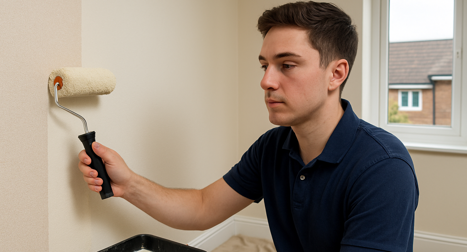 a man in a navy polo painting a wall white