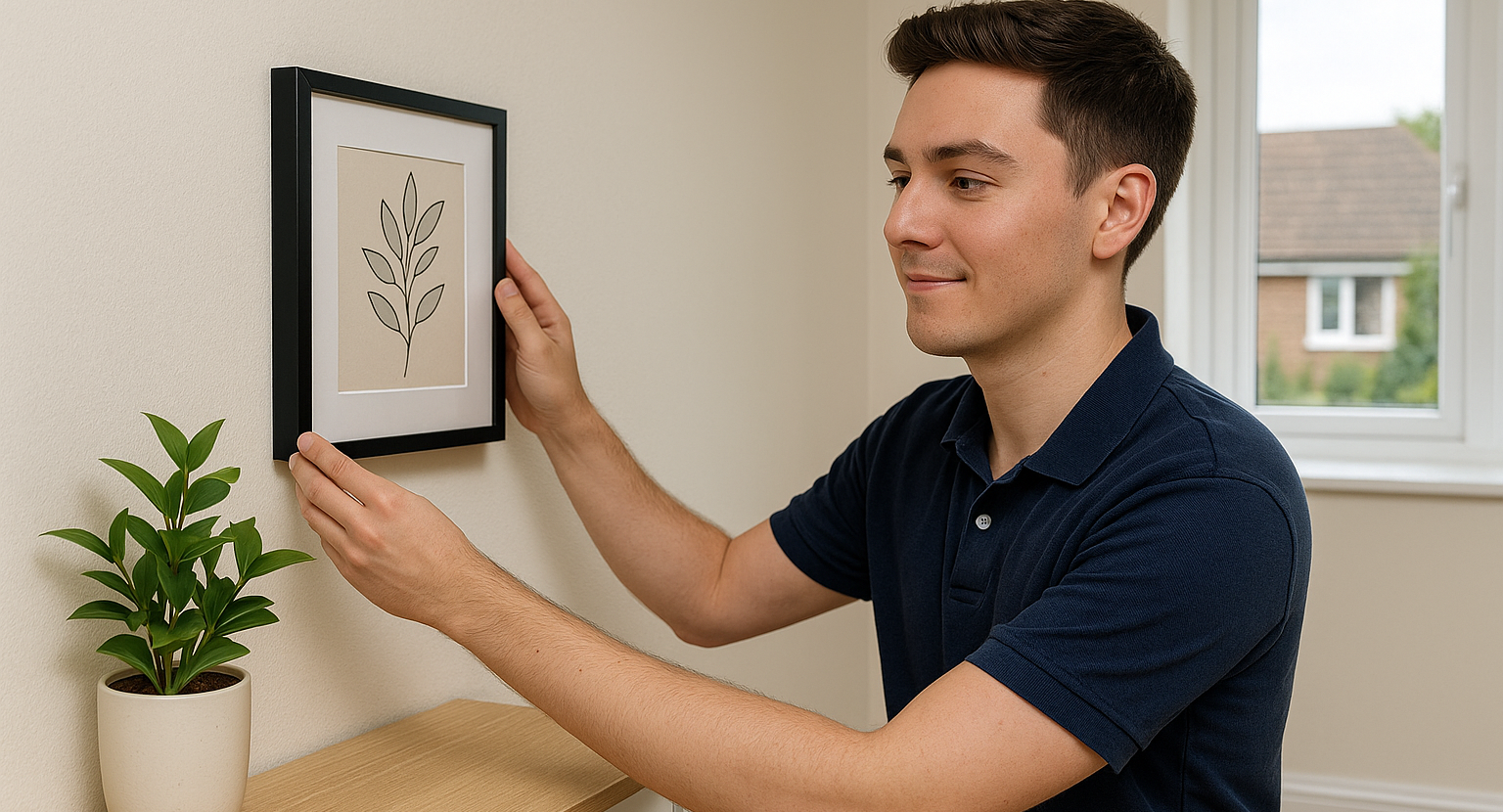 multi skilled tradesman finishing his work by putting up a photo on the wall