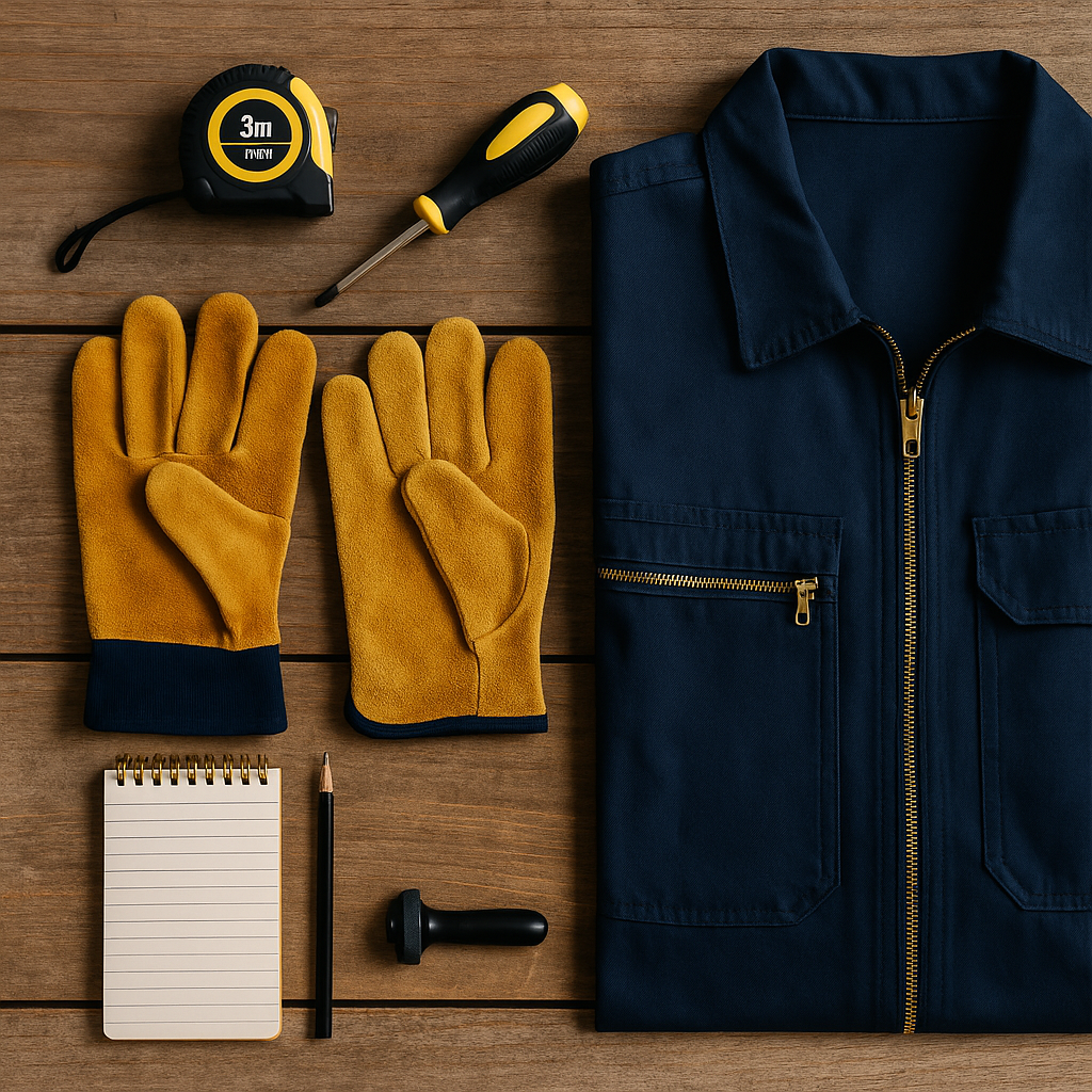 clothing, gloves, tools, a pencil and notepad on a table