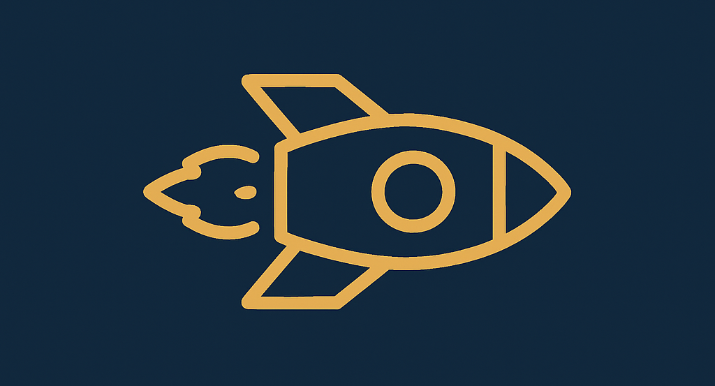 golden rocket going from left to right on a navy background
