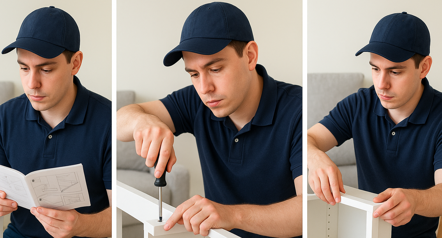 three steps of putting together furniture