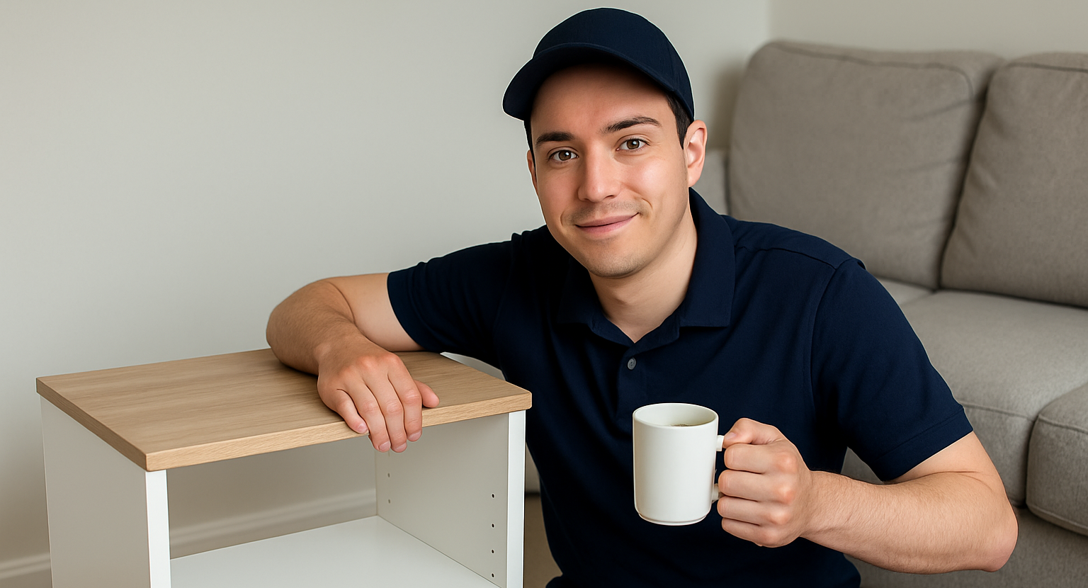 a man holding a coffee after finishing off building a cabinet
